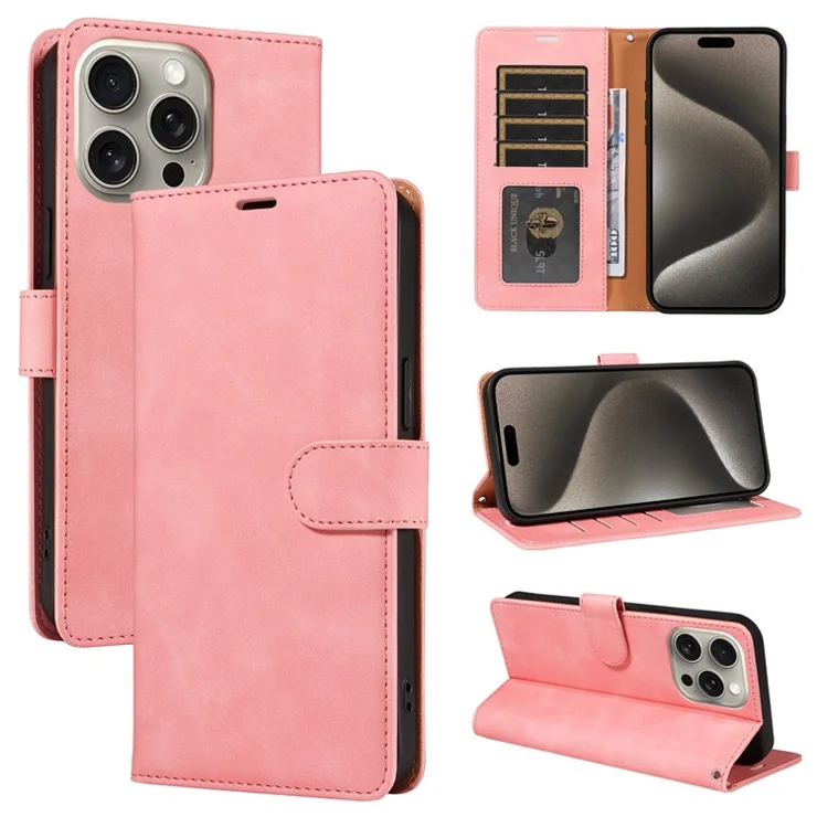 For iPhone 16 Pro Case RFID Blocking Wallet Stand Leather Flip Phone Cover with Slim Strap - Pink