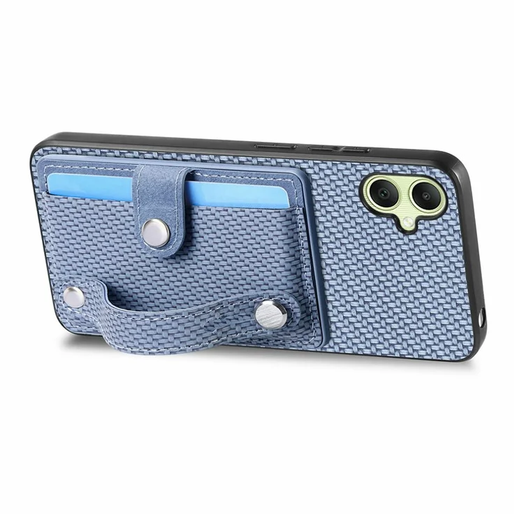 For Samsung Galaxy A06 4G Case Wristband Anti-Drop Leather Back Cover Card Holder - Blue