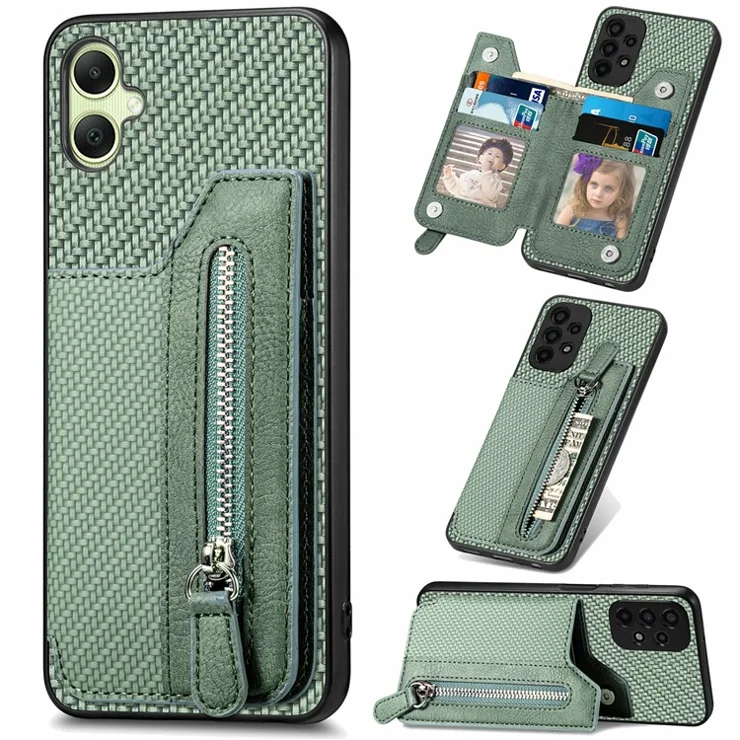 For Samsung Galaxy A06 4G Case Leather+PC+TPU Zipper Pocket Kickstand Phone Cover - Green