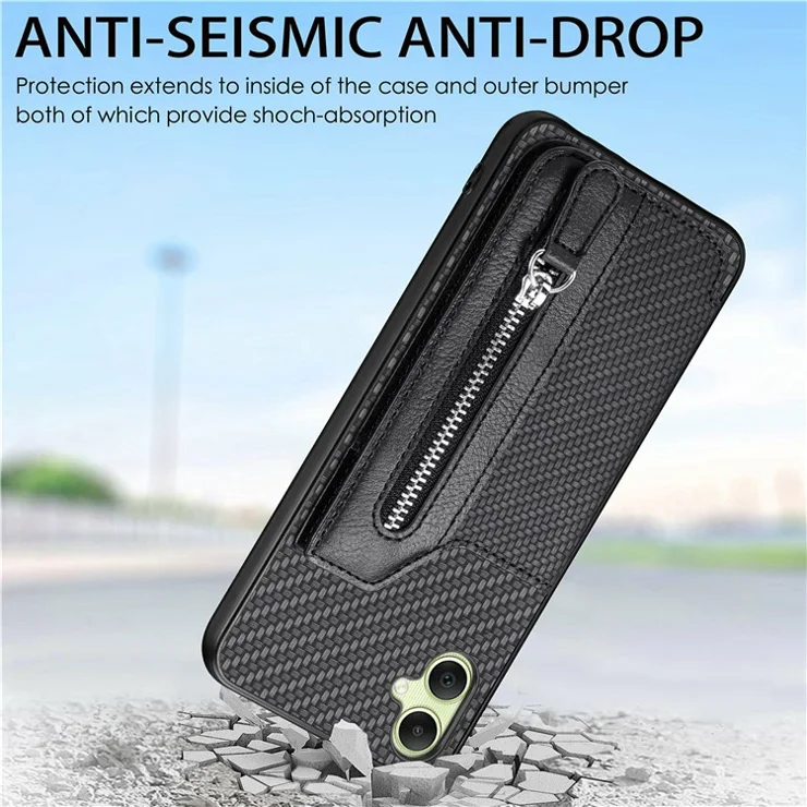For Samsung Galaxy A06 4G Case Leather+PC+TPU Zipper Pocket Kickstand Phone Cover - Black