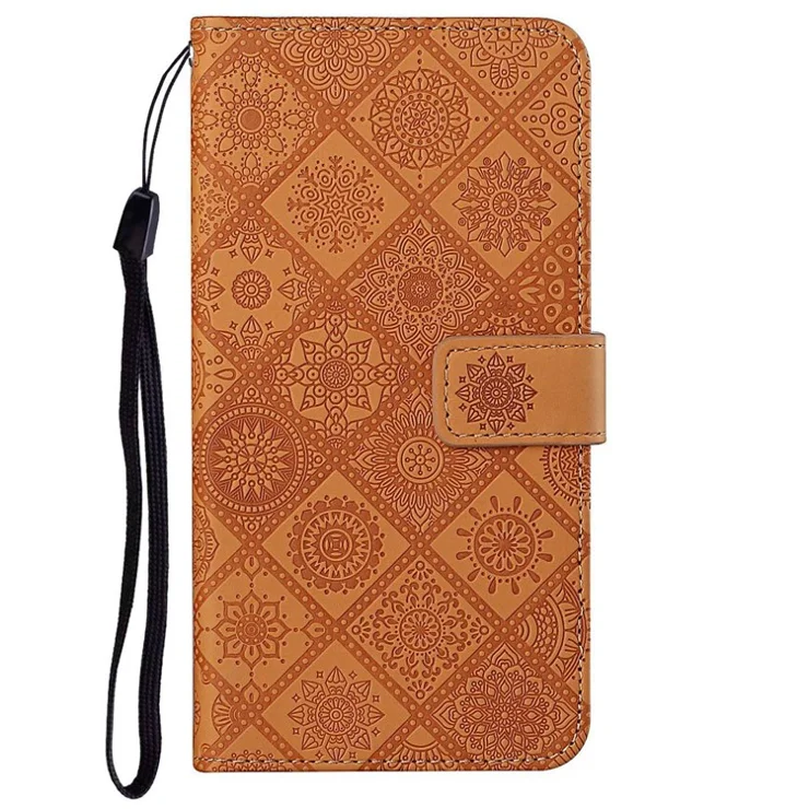 For TECNO Spark Go 2025 / Spark Go 1 / Pop 9 4G Case Leather Case Ethnic Style Wallet Phone Cover with Strap - Brown