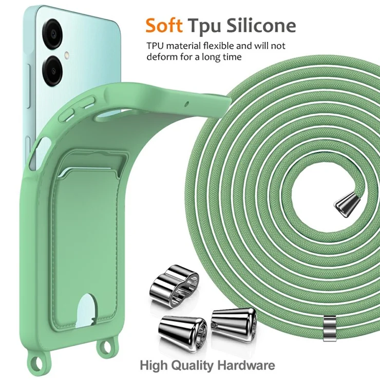 For Samsung Galaxy A06 4G Case Liquid Silicone Card Holder Phone Back Cover with Lanyard - Green