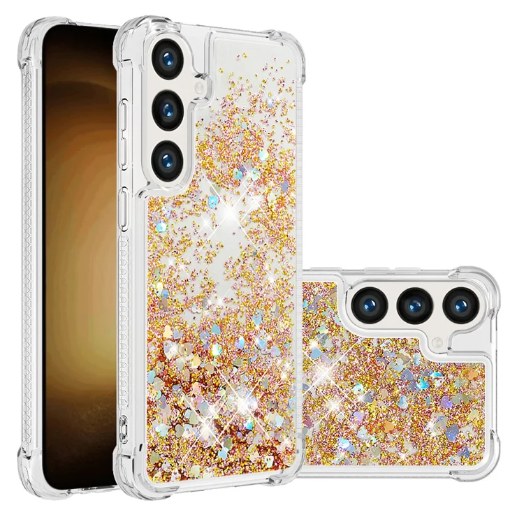 For Samsung Galaxy S24 FE TPU Case Glitter Quicksand Shockproof Phone Back Cover - Gold / Hearts