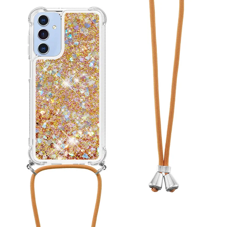 For Samsung Galaxy A16 5G / Galaxy A16 4G TPU Case Quicksand Design Phone Cover with Lanyard - Gold / Hearts