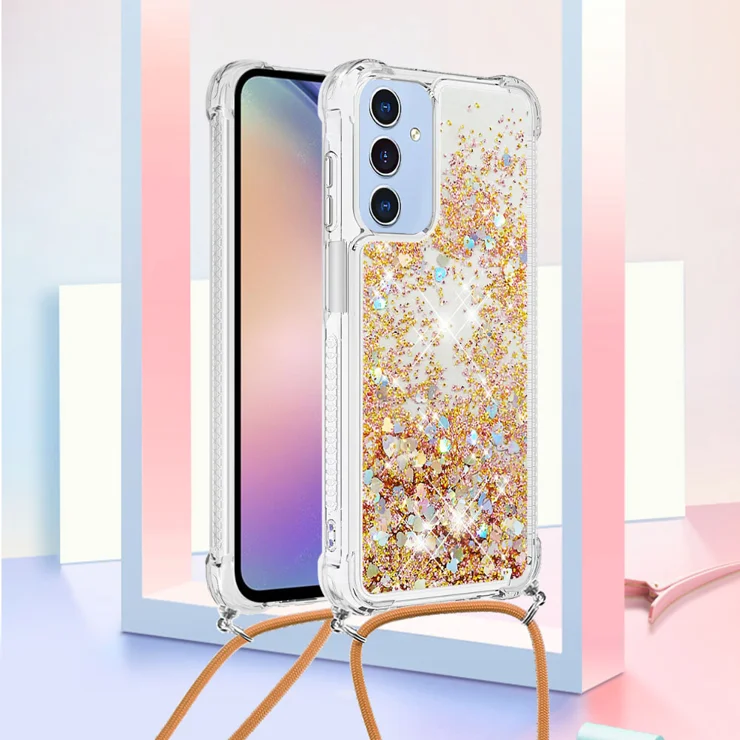 For Samsung Galaxy A16 5G / Galaxy A16 4G TPU Case Quicksand Design Phone Cover with Lanyard - Gold / Hearts