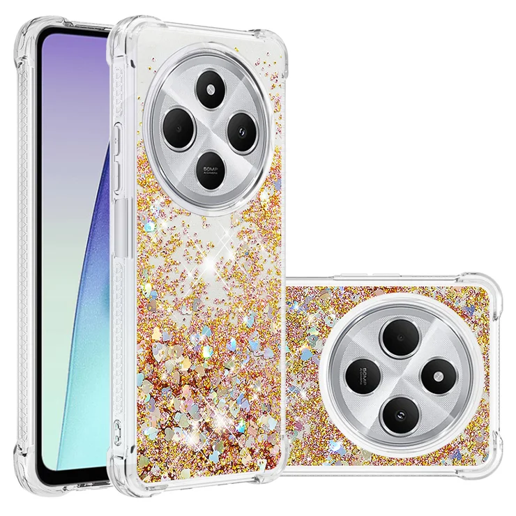 For Xiaomi Redmi 14R 5G / Xiaomi Poco C75 4G / Xiaomi Redmi 14C 4G TPU Case Glitter Quicksand Shockproof Phone Back Cover - Gold / Hearts