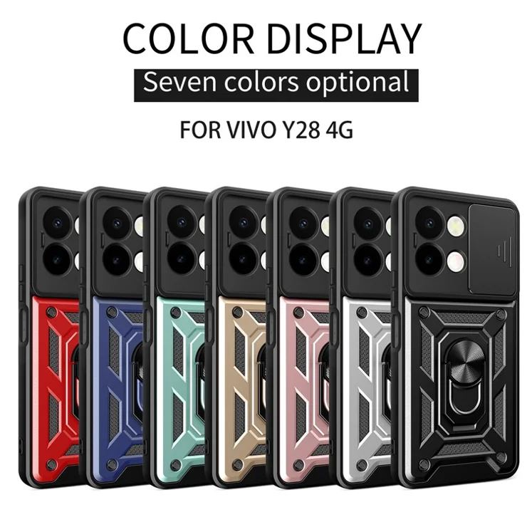 For vivo Y28 4G Case with Slide Camera Lid PC+TPU Kickstand Phone Cover - Green