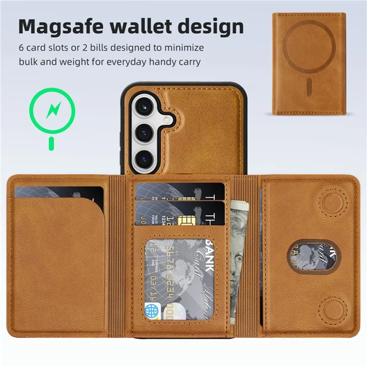 For Samsung Galaxy S24 Case Compatible with MagSafe Leather Back Phone Cover with Detachable Card Bag - Brown