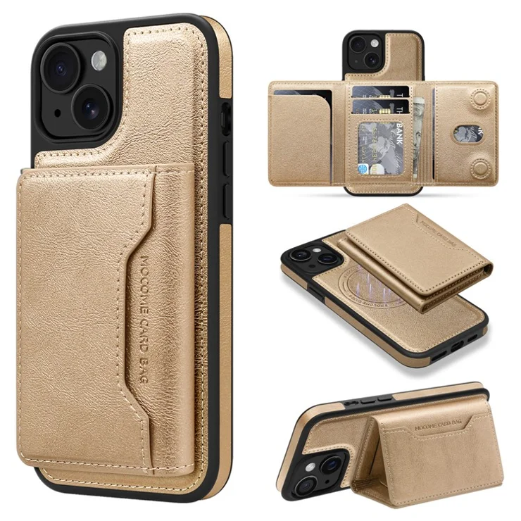 For iPhone 15 Plus Magnetic Case Leather Back Phone Cover with Detachable Card Bag - Gold