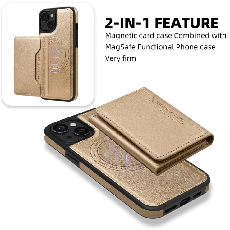 For iPhone 15 Plus Magnetic Case Leather Back Phone Cover with Detachable Card Bag - Gold