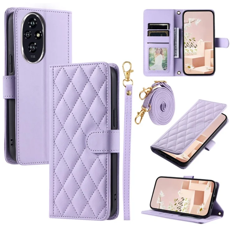 For Honor 200 Pro 5G Wallet Case Rhombus Grid PU Leather Phone Cover - Purple