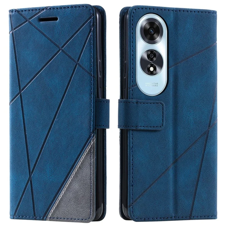 For Oppo A60 4G Case Imprinted Lines PU Leather Splicing Wallet Phone Cover - Blue