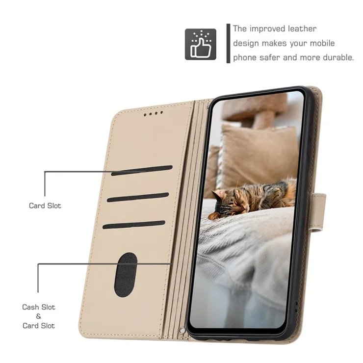 For iPhone 15 Plus / 14 Plus Case with Strap Cats Imprint Leather Wallet Phone Cover - Beige