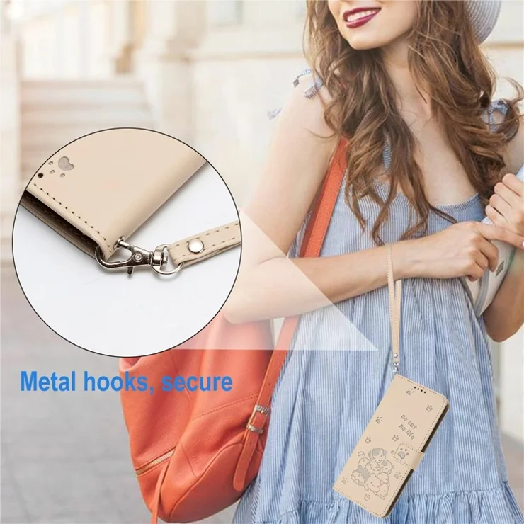 For iPhone 15 Plus / 14 Plus Case with Strap Cats Imprint Leather Wallet Phone Cover - Beige