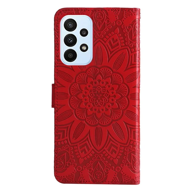 For Samsung Galaxy F23 5G / M23 5G / M13 4G / A23 5G (Global Version) / 4G PU Leather Phone Case Sunflower Imprinted Folio Flip Stand Magnetic Cover with Strap - Red