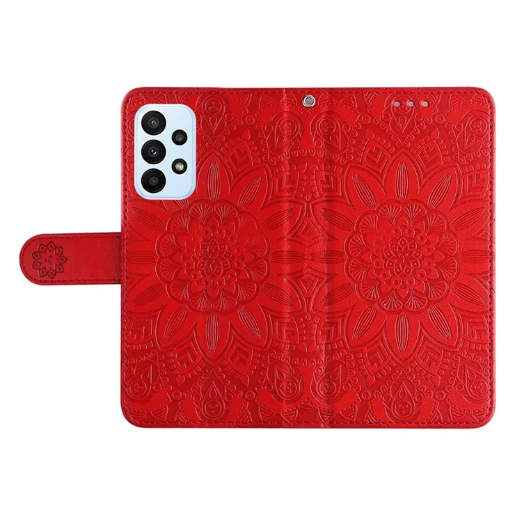 For Samsung Galaxy F23 5G / M23 5G / M13 4G / A23 5G (Global Version) / 4G PU Leather Phone Case Sunflower Imprinted Folio Flip Stand Magnetic Cover with Strap - Red
