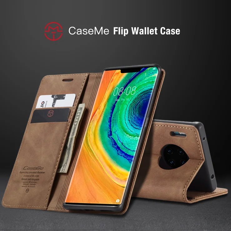 For Huawei Mate 30 Pro 5G Case CASEME 013 Series Card Holder Stand Leather Phone Cover - Brown