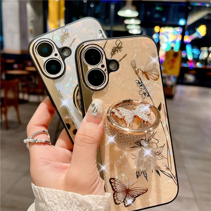 For iPhone 16 Case Rhinestones Decor Kickstand TPU+PC Butterfly Floral Phone Cover - Gold
