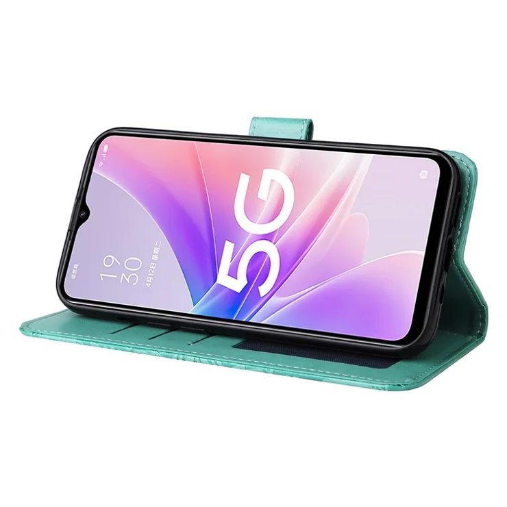 For Oppo A57 (2022) 5G / A77 5G / K10 5G / A57 4G / A57s 4G / Realme Q5i / V23 4G / Narzo 50 5G PU Leather Case Sunflower Imprinted Stand Magnetic Flip Wallet Phone Cover - Green