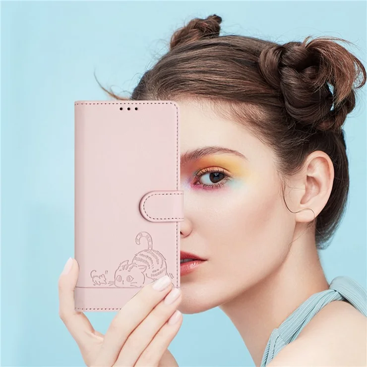 For Samsung Galaxy S25 Case with Strap RFID Blocking Leather Wallet Phone Cover Cat Mouse Pattern - Pink