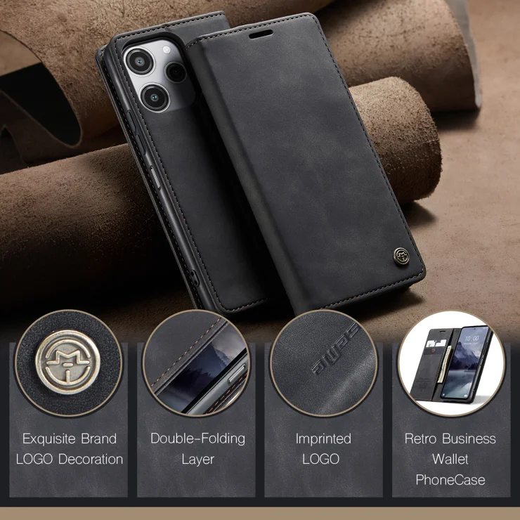 For Xiaomi Redmi Note 12R 5G / Xiaomi Poco M6 Pro 5G / Xiaomi Redmi 12 4G Case CASEME 013 Series Card Holder Stand Leather Phone Cover - Black
