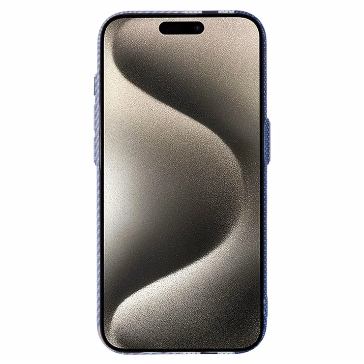 For iPhone 15 Pro Case Compatible with MagSafe Carbon Fiber Texture Water-Transfer PC Phone Cover - Blue Vertical Stripes