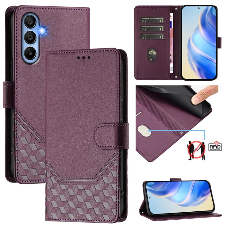 For Samsung Galaxy A06 4G Case Imprinted Honeycomb RFID Blocking Leather Phone Cover with Strap - Dark Purple
