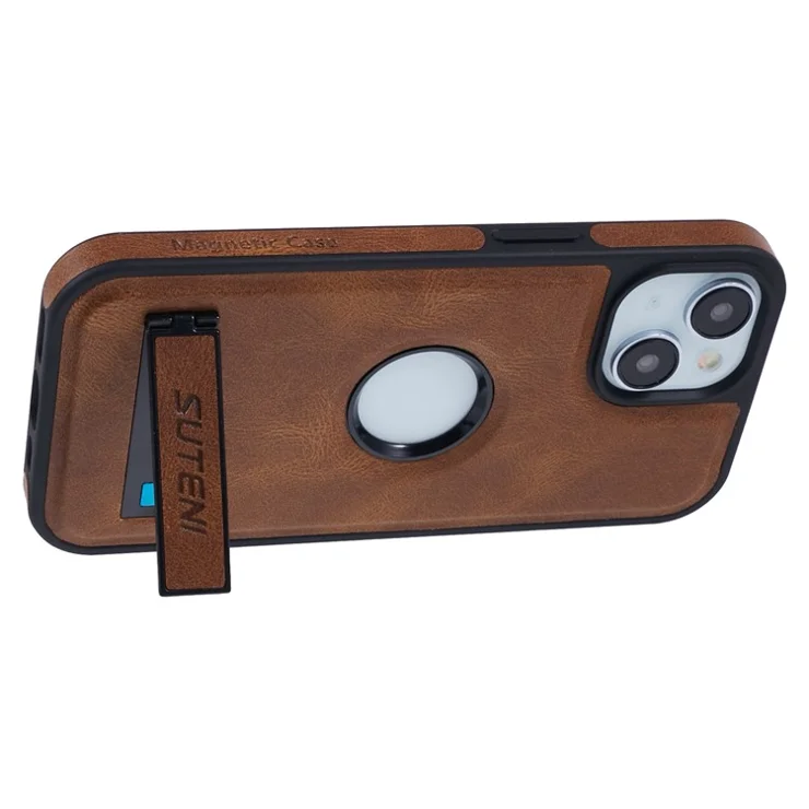 SUTENI G2 For iPhone 15 Plus Magnetic Case Leather Phone Back Cover Waxy Texture Kickstand - Brown