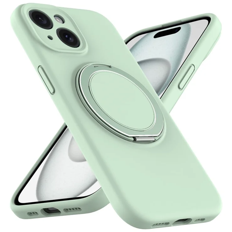 For iPhone 15 Case Compatible with MagSafe Rotating Metal Kickstand PC + Silicone Phone Cover - Light Green