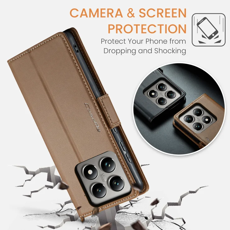 For Xiaomi 14T Case CASEME 023 Series RFID Blocking Glossy Stand Phone Cover - Brown