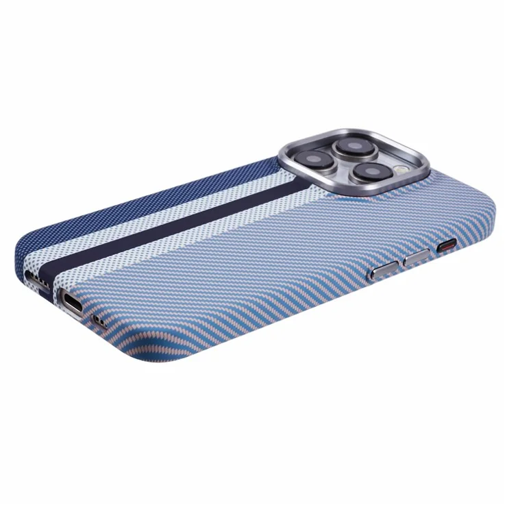 For iPhone 15 Pro Max Case Compatible with MagSafe Carbon Fiber Texture Water-Transfer PC Phone Cover - Blue Vertical Stripes