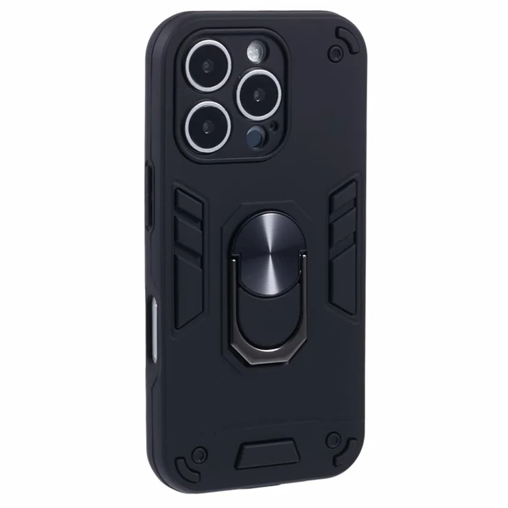 For iPhone 16 Pro Case PC+TPU Drop Defend Phone Cover with Ring Kickstand - Black