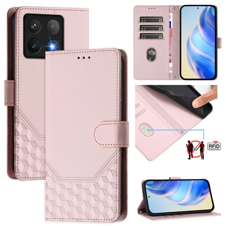 For Xiaomi 14T Case Imprinted Honeycomb RFID Blocking Leather Phone Cover with Strap - Pink