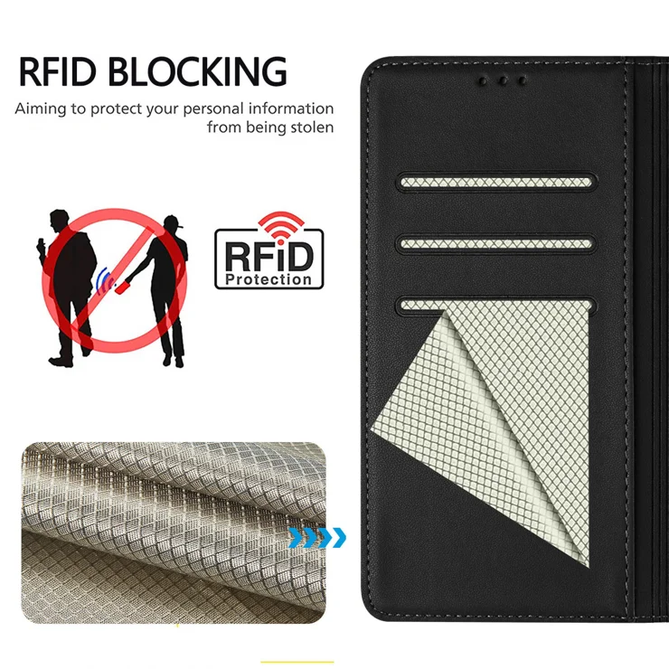 For Xiaomi 14T Case Imprinted Honeycomb RFID Blocking Leather Phone Cover with Strap - Black