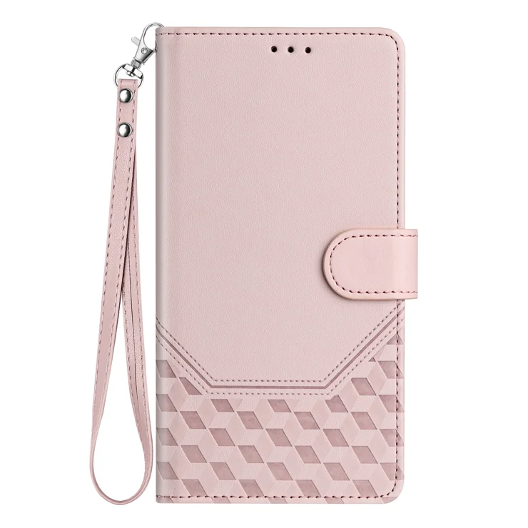 For iPhone 15 Pro Max Case Imprinted Honeycomb RFID Blocking Leather Phone Cover with Strap - Pink