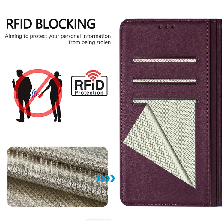 For iPhone 15 Pro Max Case Imprinted Honeycomb RFID Blocking Leather Phone Cover with Strap - Dark Purple