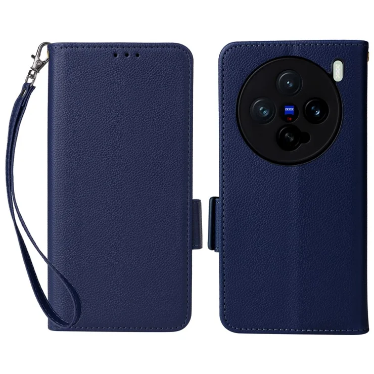 For vivo X200 Pro mini 5G Case with Wrist Strap Litchi Texture PU Leather Wallet Phone Cover - Dark Blue