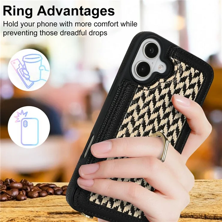 For iPhone 16 Plus Case with Card Holder, Kickstand, RFID Blocking PU+TPU Phone Back Cover - Black