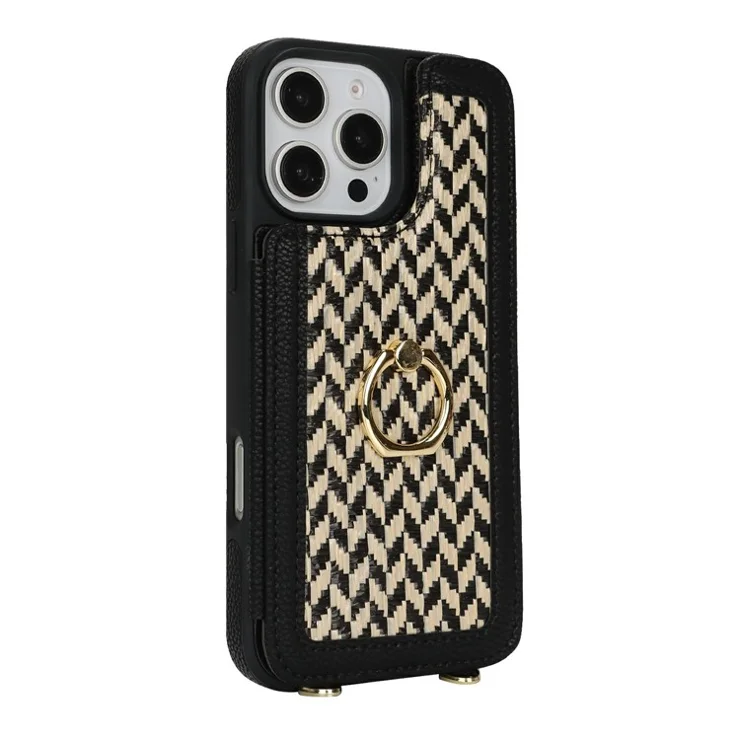 For iPhone 15 Pro Case with Card Holder, Kickstand, RFID Blocking PU+TPU Phone Back Cover - Black