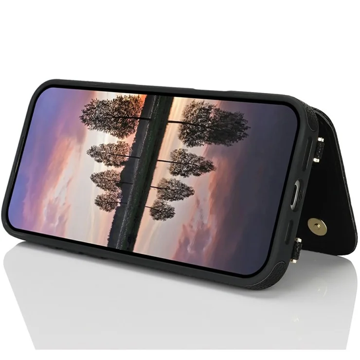 For iPhone 15 Pro Case with Card Holder, Kickstand, RFID Blocking PU+TPU Phone Back Cover - Black