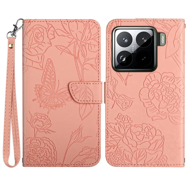 For Xiaomi 15 Pro Case Leather Phone Cover with Strap, Butterfly Flower Imprint - Pink