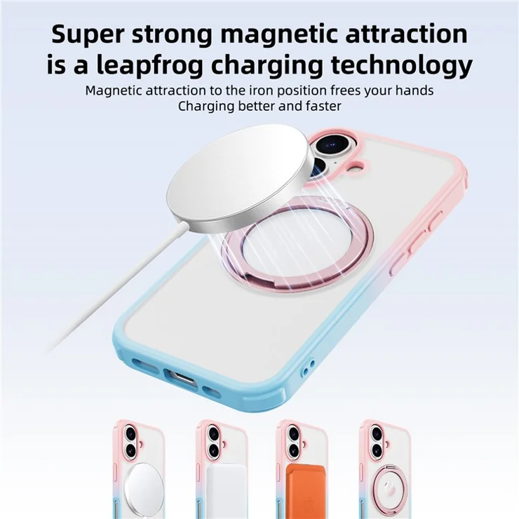 For iPhone 16 Case Compatible with MagSafe Ring Kickstand TPU+PC Back Cover - Gradient Pink Blue
