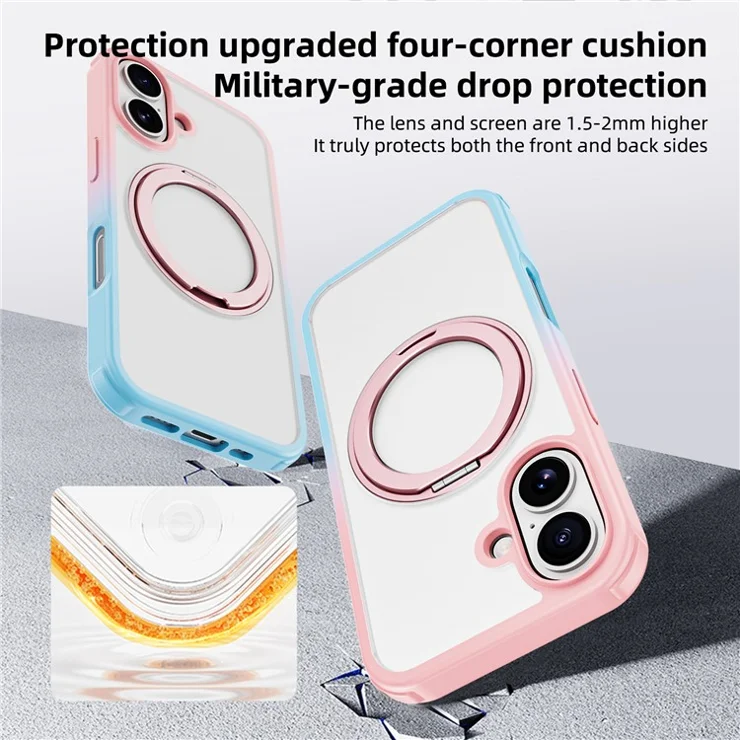For iPhone 16 Case Compatible with MagSafe Ring Kickstand TPU+PC Back Cover - Gradient Pink Blue