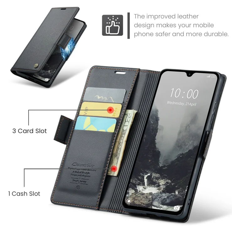 For Xiaomi Redmi 14C 4G Leather Case CASEME 023 RFID Blocking 3 Card Slot Mobile Cover - Black