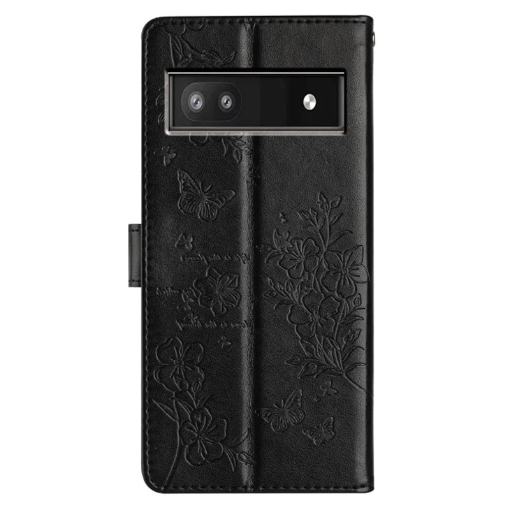 For Google Pixel 9a Wallet Phone Case Butterfly Floral Imprint Leather Flip Cover - Black