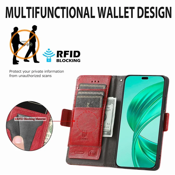 For Honor X7c 4G / 200 Smart 5G / Play 60 Plus 5G Phone Cases CASENEO PU Leather Cover Stand with RFID Blocking Wallet - Red