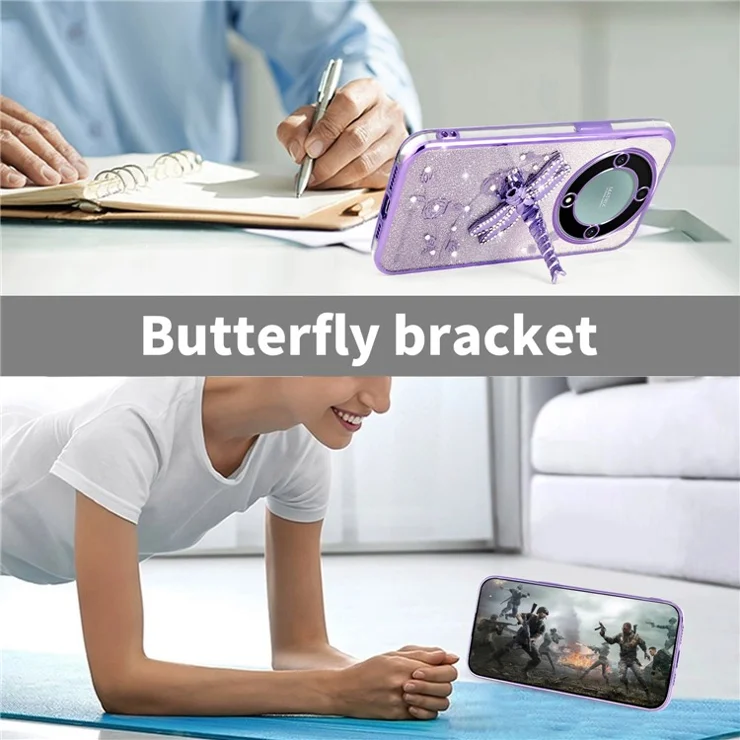 KADEM Case For Honor X40 5G / X9a 5G / Magic5 Lite 5G Dragonfly Kickstand TPU Flowers Glitter Phone Cover - Purple