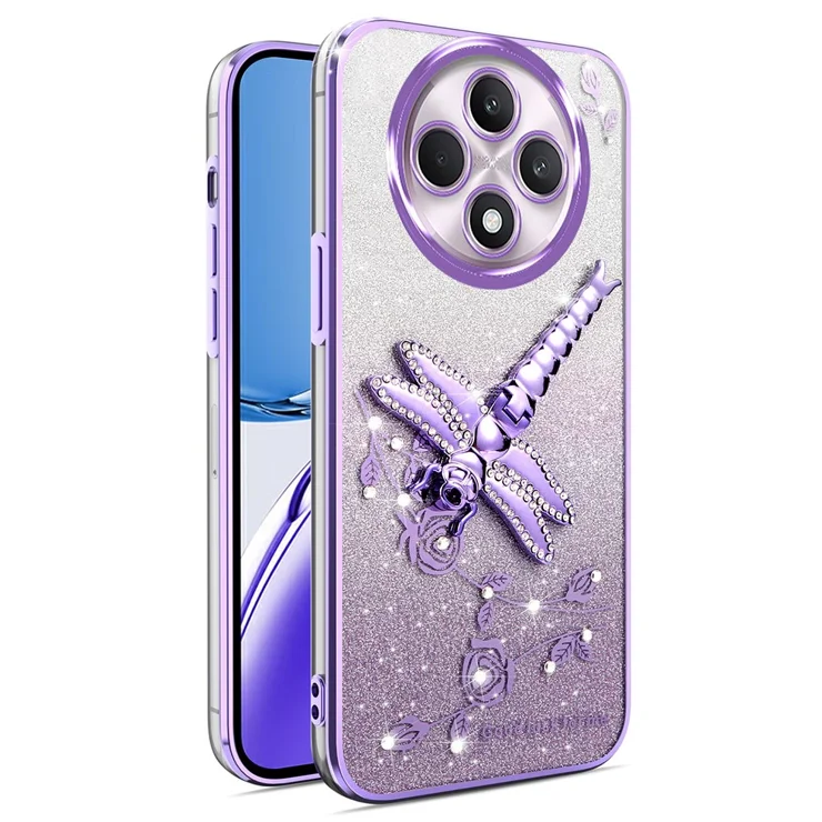 KADE For Oppo Reno12 F 5G / F27 5G Case Dragonfly Kickstand TPU Flowers Glitter Phone Cover - Purple