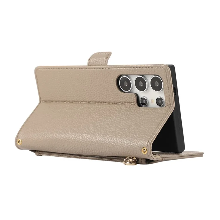 For Samsung Galaxy S24 Ultra Wallet Phone Case Shockproof TPU+PU Leather Flip Cover with Mirror, Strap - Khaki