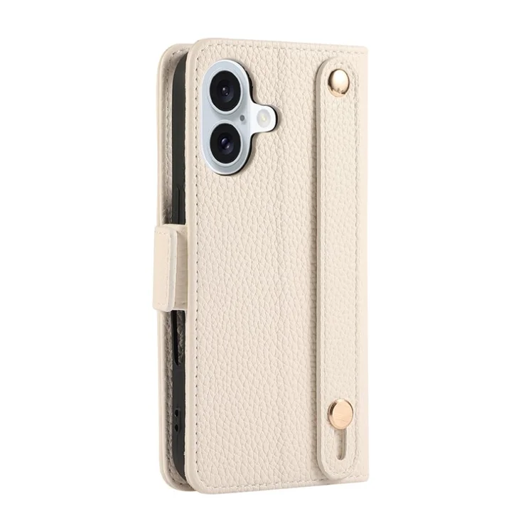 For iPhone 16 Leather Case with Card Holder, Straps, Shockproof Wallet Phone Cover - Beige